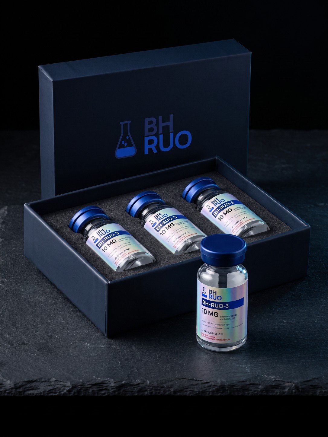 A BH RUO research vial packed in its shipping box