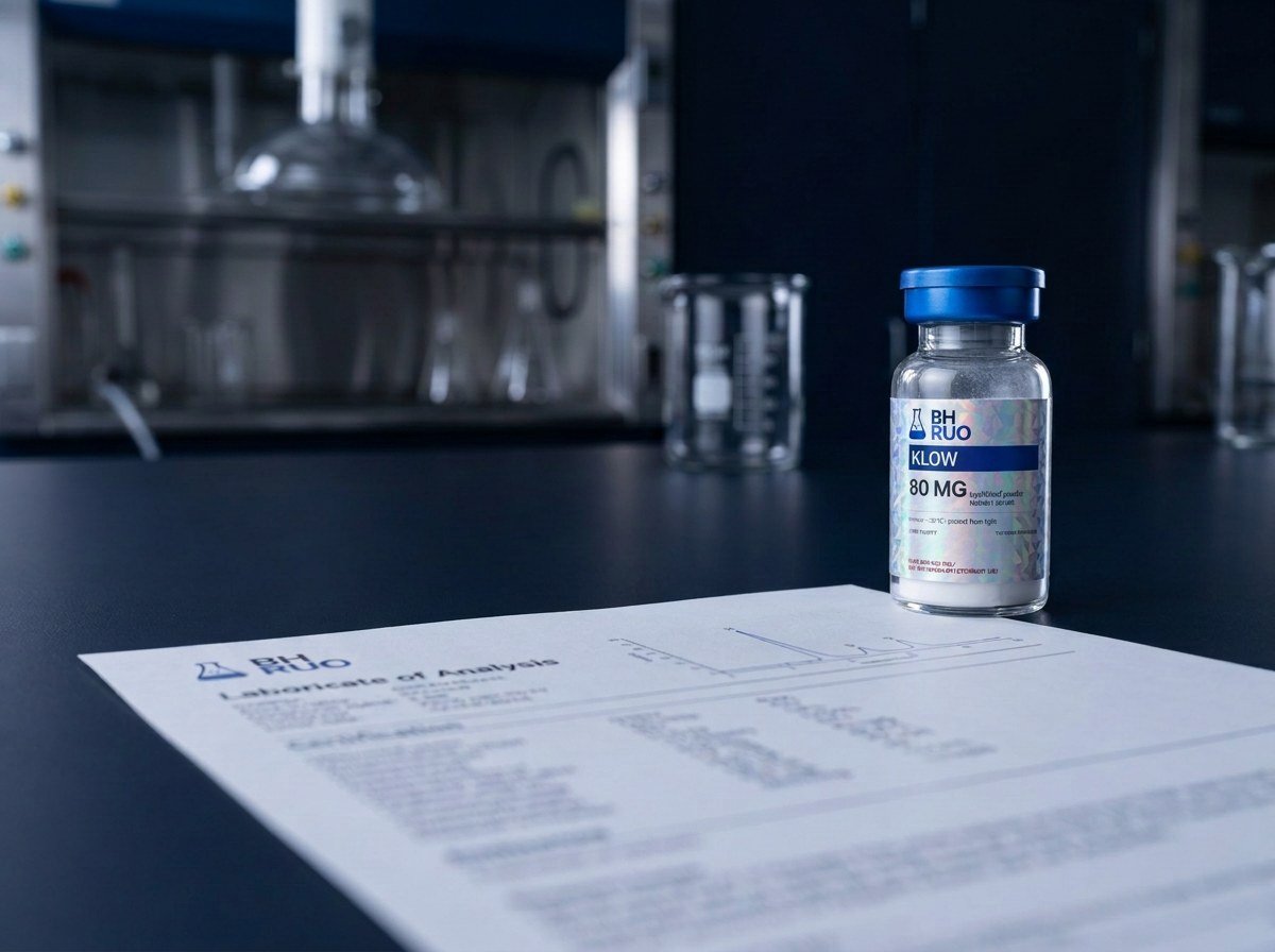 A BH RUO research vial photographed on a light studio background