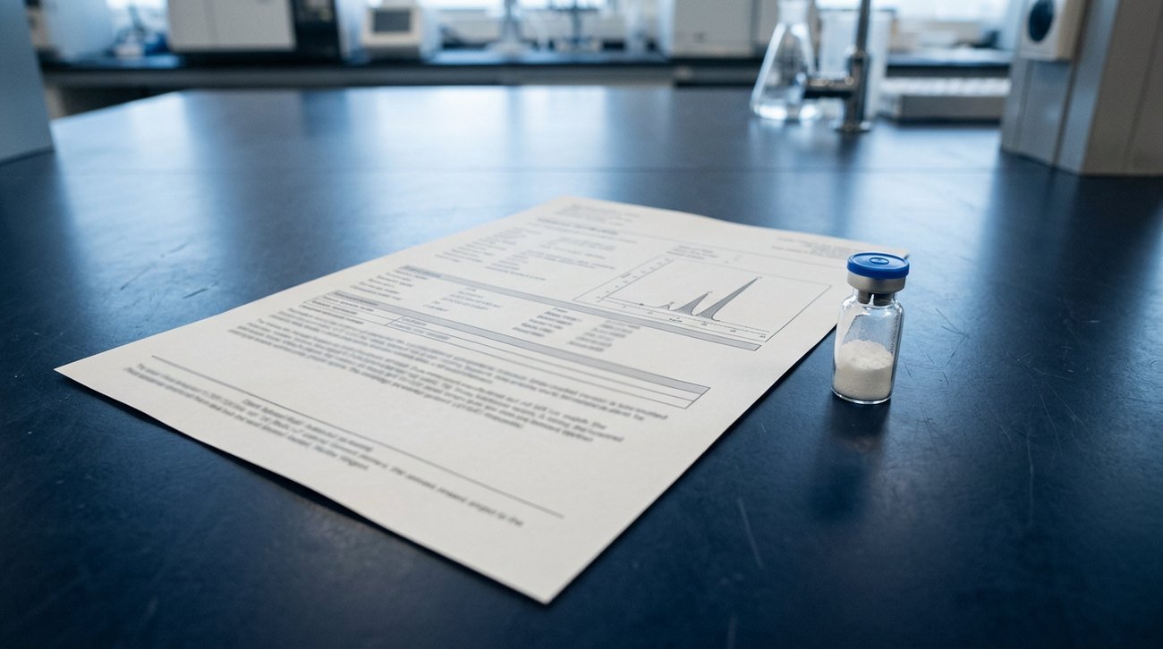 A certificate of analysis beside the vial it was issued for
